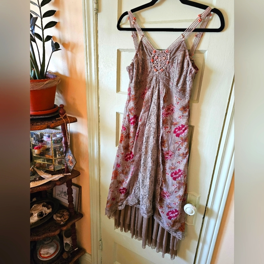 Vintage fairycore Y2K 90s grunge layered floral strappy flutter dress